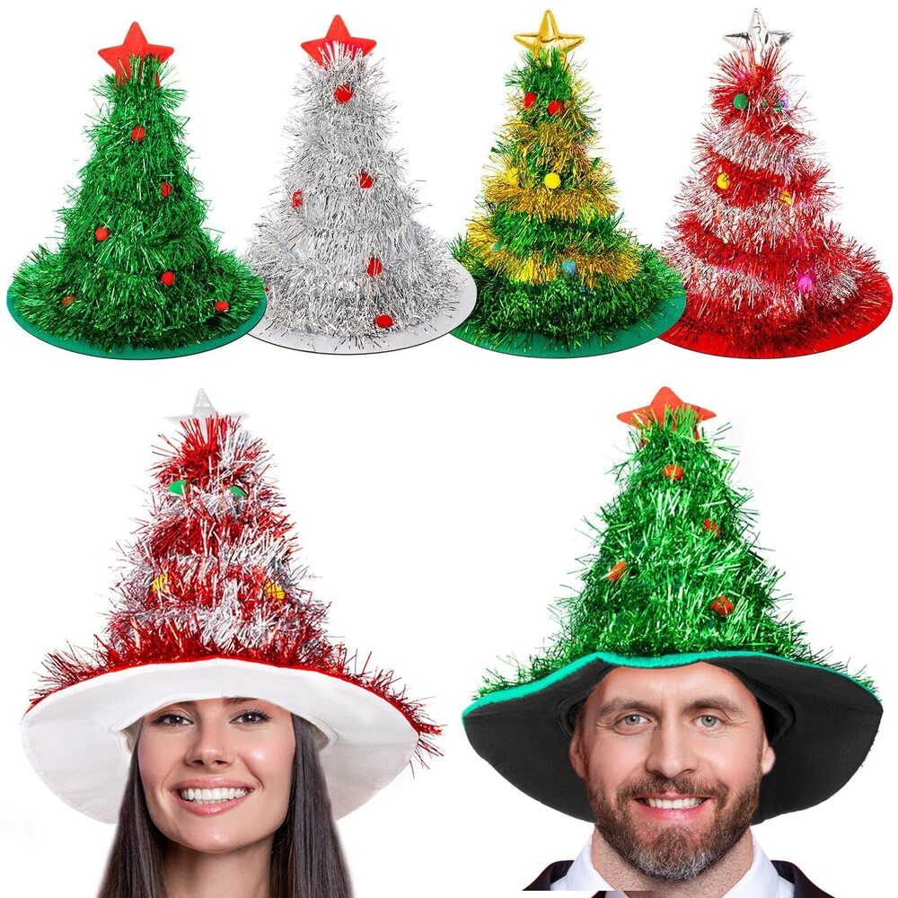 8995 4 Pcs Christmas Hats Xmas Tree Santa Hat with Tinsel Colorful Poms